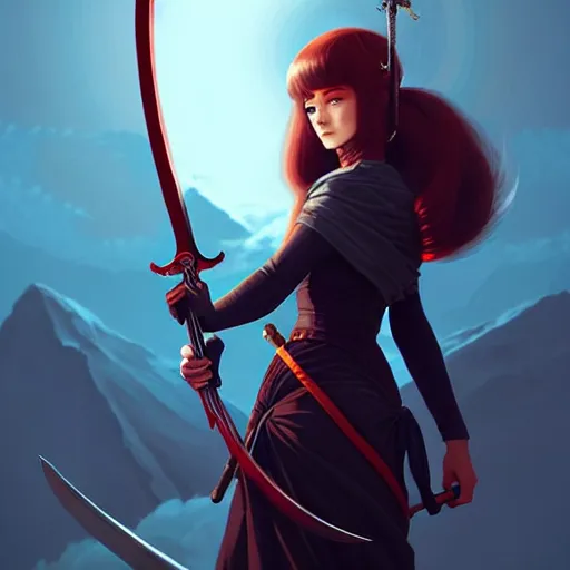 Image similar to a woman holding a sword with a dragon on it, concept art by Ilya Kuvshinov, contest winner, fantasy art, official art, concept art, high detail, experimental, high quality, hyperrealistic, 4k