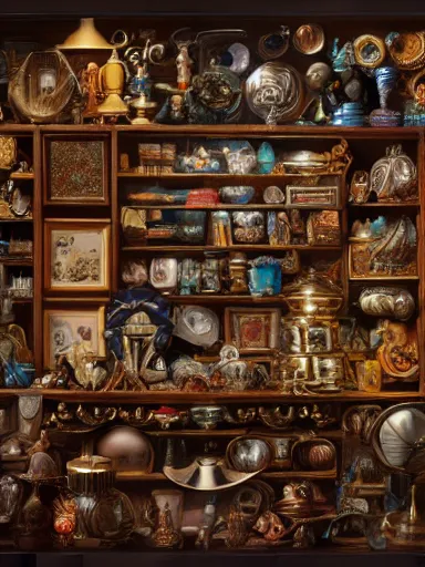 Image similar to a really messy shelf, full of different trinkets. intricate, elegant, highly detailed, digital painting, artstation, concept art, sharp focus, illustration, by justin gerard and artgerm, 8 k