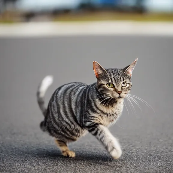 Prompt: close up wide angle photo of a brownish gray tabby cat running towards the camera, motion blur, dramatic