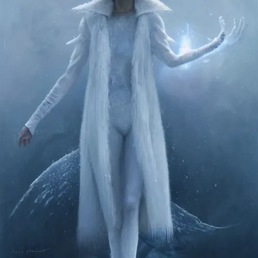 Image similar to a hyperrealistic illustration of a human in the Arctic, white long clothes, snow on the body, blue transparent ice with fractal sunlight, award-winning, masterpiece, in the style of Tom Bagshaw, Cedric Peyravernay, Peter Mohrbacher