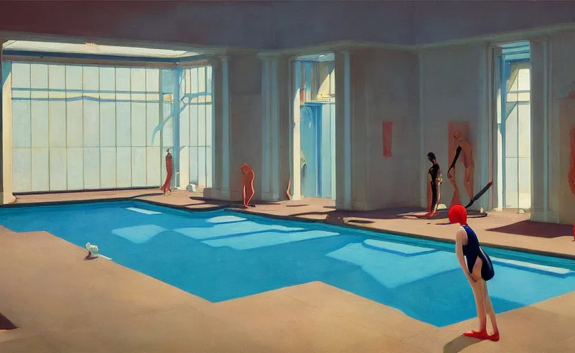 Image similar to A pool inside a british catle, very coherent, painted by Edward Hopper, Wayne Barlowe, painted by James Gilleard, airbrush, art by JamesJean