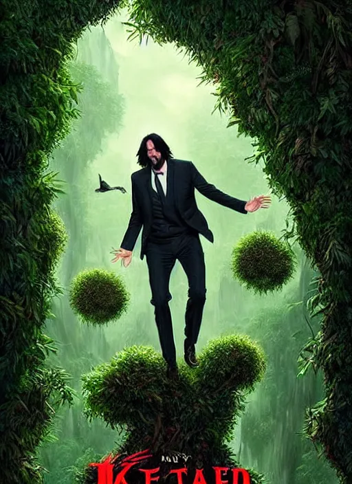 Image similar to highly detailed comedy caper movie poster with silly wacky zany keanu reeves as a sentient pile of leaves, keanu reeves green face as tree sentient leafy bush, falling through a leafy mind chasm by greg rutkowski, masterpiece, really funny, 1 0 / 1 0 comedy