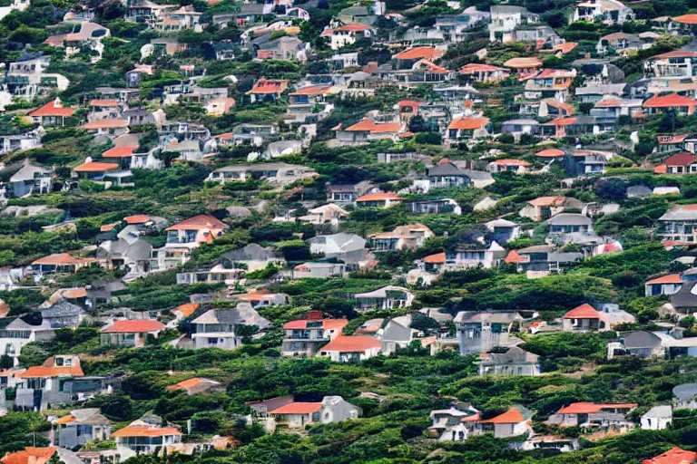 Prompt: loking down road, infinite houses lining the road, ocean, with the biggest town in the world, telephoto lens compression