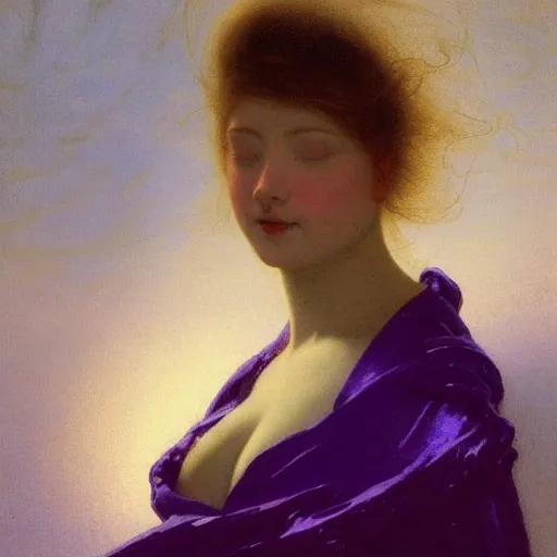 Image similar to a young woman's face, her hair is white and she wears an indigo purple satin cloak, by ivan aivazovsky and syd mead and moebius and gaston bussiere and roger dean and pieter claesz and paul delaroche and alma tadema and aelbert cuyp and willem claesz, hyperrealistic, volumetric light, octane render