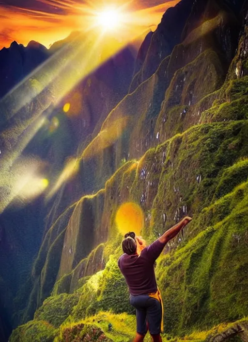 Prompt: a painting of a beautiful sunrise on the machu picchu with arms up, dramatic lighting, fantasy art