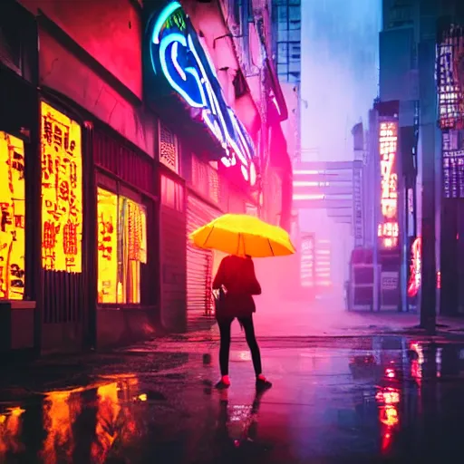 Image similar to skinny pale girl with red hair, cyberpunk city, crypto exchange, neon light, rain, foggy