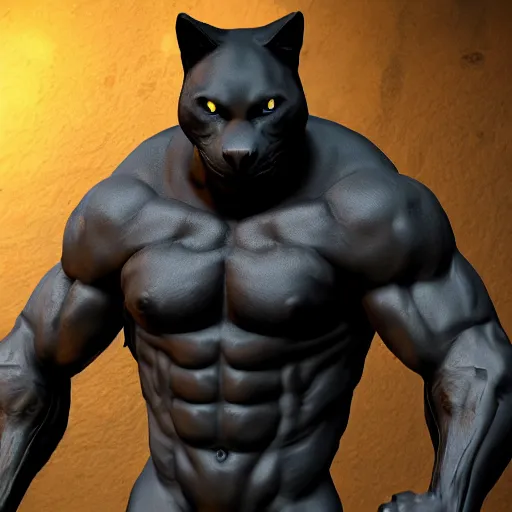 Image similar to a black strong muscular cat, unreal engine 5