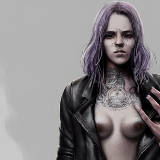 Image similar to Hot young woman, grey skin, void eyeballs, tattoos, wearing a leather jacket, hugging a shrouded man as they cry on her chest, comforting, touching, wholesome, digital art, concept art, unreal engine 5, watercolour, big sister, little brother, realistic, 4k, 8k