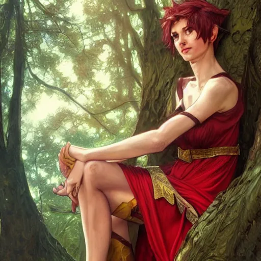 Prompt: portrait of statuesque elf resting on a tree, short hair, red and gold clothes, expressive face, sharp focus, intricate, smooth, ultra realistic digital art, d & d, high fantasy, pointed ears, elegant, by artgerm, greg rutkowski, alphonse mucha