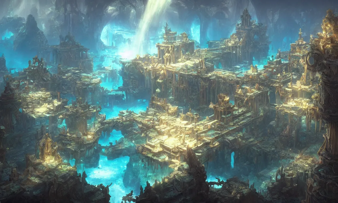 Image similar to a beautiful painting of a lost temple of the underwater world, atlantis, light effect, by tyler edlin and greg rutkowski, unreal engine, trending on artstation