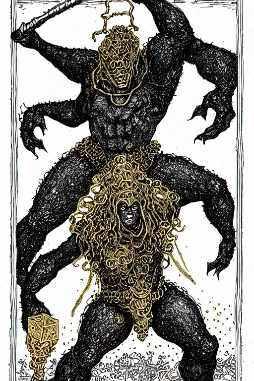 Prompt: beyonce, gold golem, as a d & d monster, full body, pen - and - ink illustration, etching, by russ nicholson, david a trampier, larry elmore, 1 9 8 1, hq scan, intricate details, inside stylized border