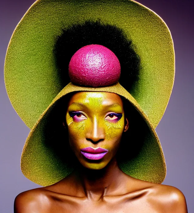 Image similar to photography facial portrait of naomi campell, natural background, natural pose, wearing a stunning hat by iris van herpen, with a colorfull - makeup. highly detailed, skin grain detail, photography by paolo roversi, nick knight, helmut newton, avedon, araki