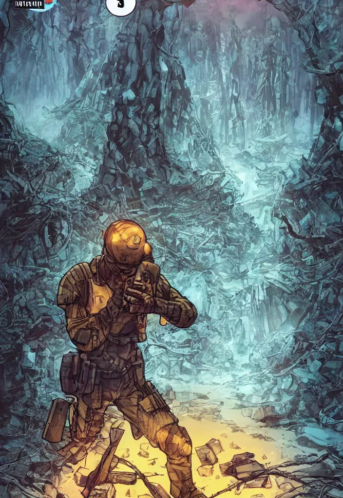 Prompt: A comic book cover of an android soldier with back to the camera, in a forest made of crystal and gemstone, looking across a vast chasm and old rope bridge. On the mountain facing him is a temple made of shards of crystal with a tower glowing in the fog