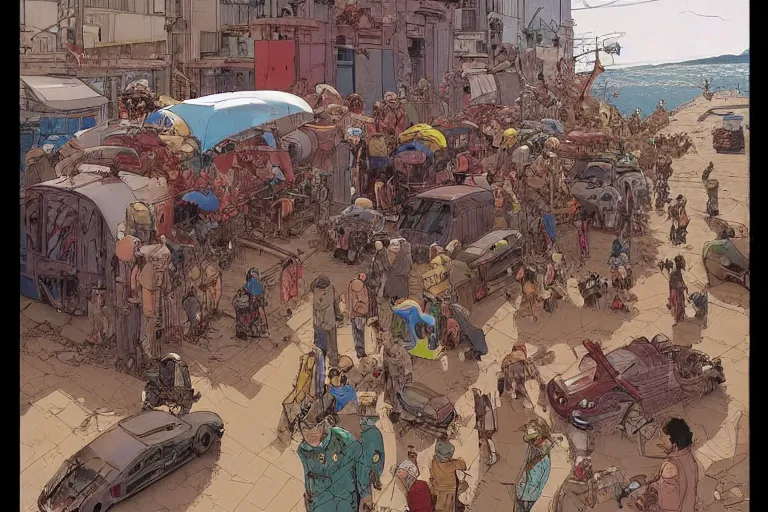 Prompt: concept illustration, by jean giraud, by moebius, by ian mcque, by jake parker, by geof darrow, a snarling cyborg pitbull the size of a car is menacing a group of stupid tourists, street scene, megacity, crime, grunge, trash