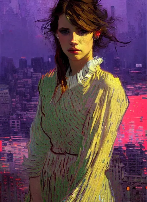 Image similar to portrait of a beautiful girl, new york backdrop, sad, sunset shades, beautiful face, rule of thirds, intricate outfit, spotlight, by greg rutkowski, by jeremy mann, by francoise nielly, by van gogh, digital painting