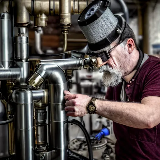 Image similar to A random pointless contraption industrial appliance pneumatic steampunk machine with no apparent purpose, being operated by a scholarly looking man with a clear directed gaze, XF IQ4, f/1.4, ISO 200, 1/160s, 8K, RAW, unedited, symmetrical balance, in-frame