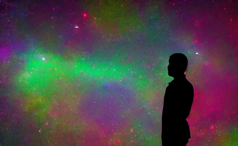 Prompt: A photo of a silhouette of a person staring at the colour universe, 4K,
