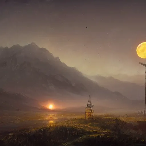 Prompt: Mountain covered with mist and radio tower on top of it, yellow moon directly behind. highly detailed art of Greg Rutkowski, night setting, 4k artsrstion trending
