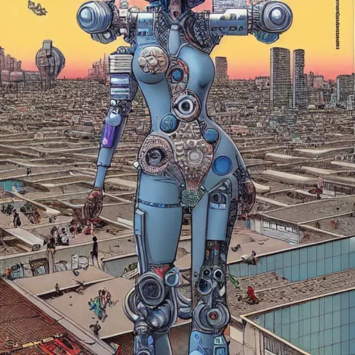 Image similar to a beautiful highly detailed futuristic mechanical lady, cyberpunk rooftop on jupiter, filled with people,, art by geof darrow,