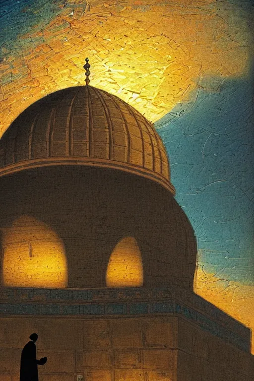 Prompt: a beautiful illustration of dome of the rock jerusalem and a silhouette of a muslim is praying in front of it, impasto paint in the style of martin johnson heade and h. r. giger