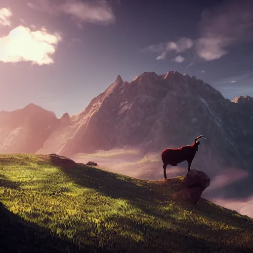 Image similar to half man half goat on a flying horse, clouds, mountains, epic, geek gods, volumetric lighting