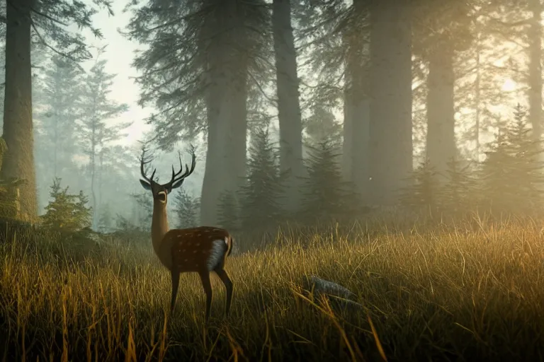 Prompt: a close up of the head of a deer with bright gold eyes in the foreground, background of a landscape misty forest scene, the sun glistening through the trees, hyper realistic photograph, octane render 8k, trending on artstation, unreal engine