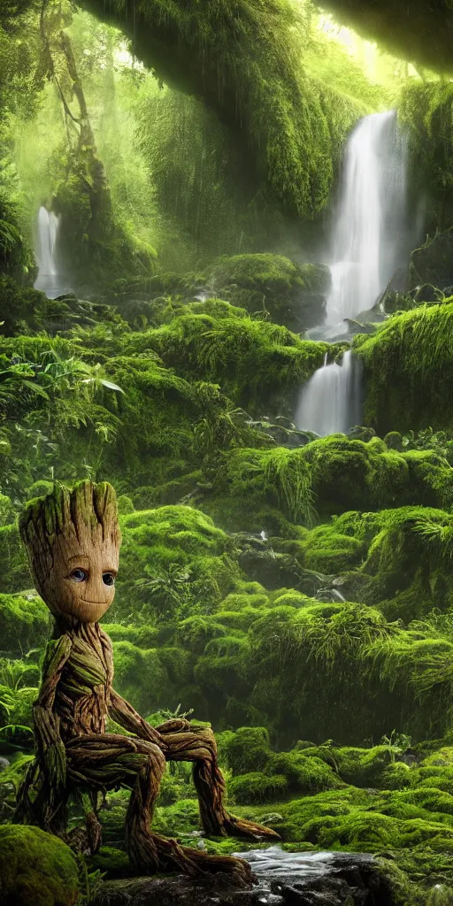 Prompt: photorealistic wide shot focus portrait of Groot posing, under waterfall, jungle, green moss, bokeh, octane render, unreal engine 4k, volumetric lighting, mist, twilight, detailed