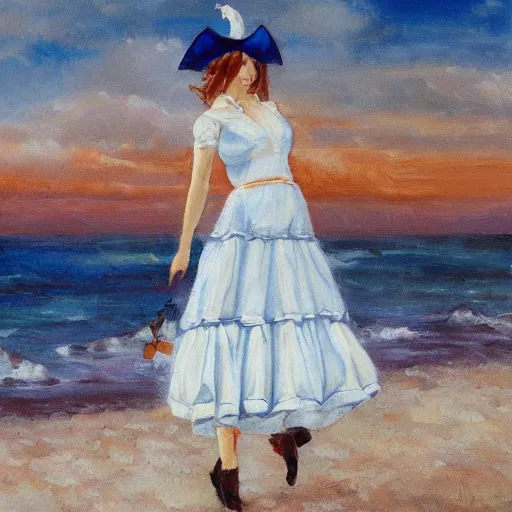 Prompt: dancing brunette milk maid woman wearing a pirate hat. Blue and white dress. Shore seascape in the style of Krenz Cushart