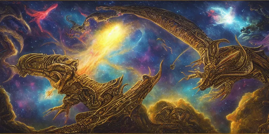 Image similar to alien dragons flying through outer space, epic nebula, asteroid belt, gothic castle, dan seagrave art