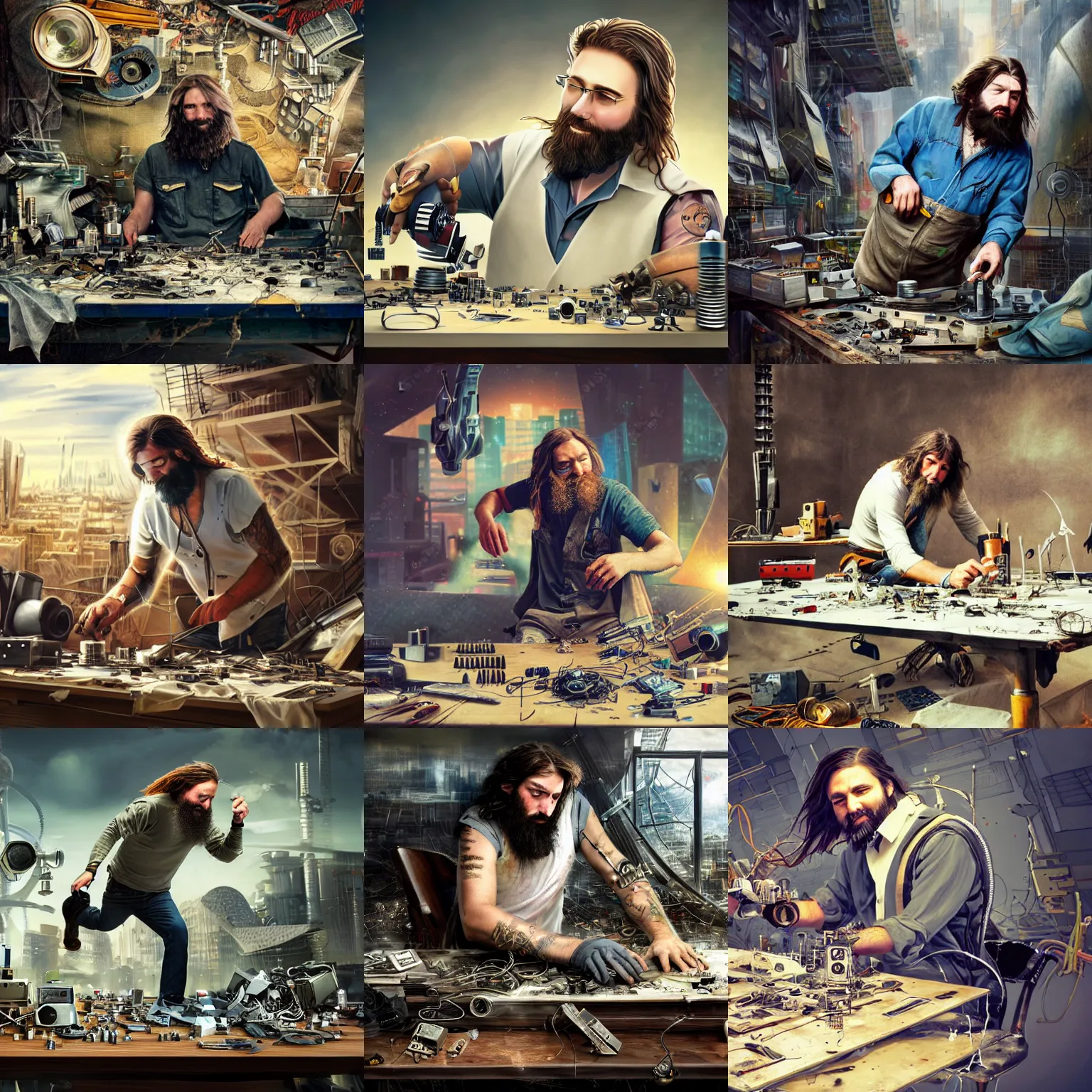 Prompt: bearded man with long hair and torn clothes repairing planet earth on a table with radio components, futurism, cyberpunk, steampunk, hyper realism, ultra details