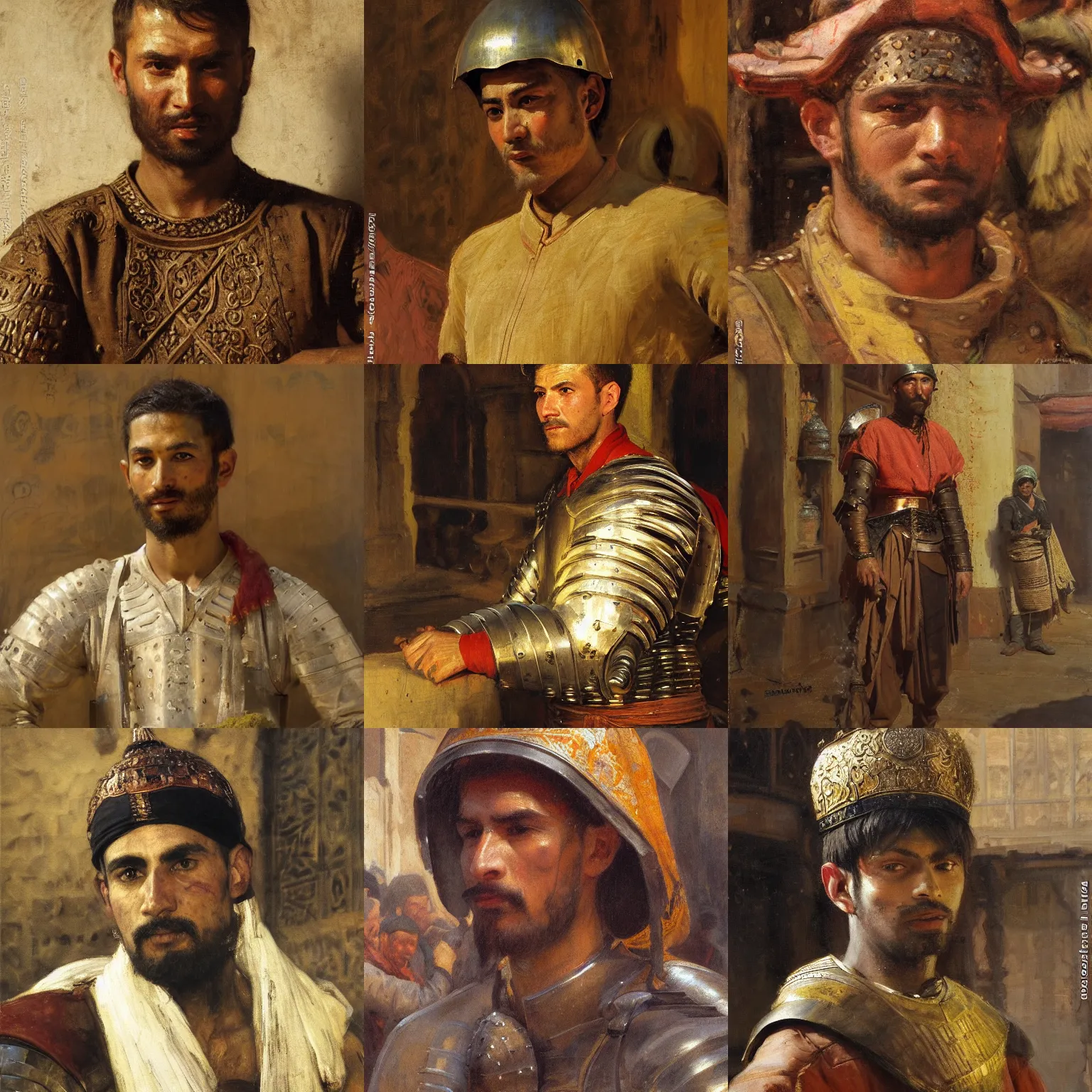 Prompt: orientalism face detail of a young man exiled knight wearing armor standing in a spice market by theodore ralli and nasreddine dinet and anders zorn and nikolay makovsky and edwin longsden long, oil on canvas, masterful intricate artwork, excellent lighting, high detail 8 k