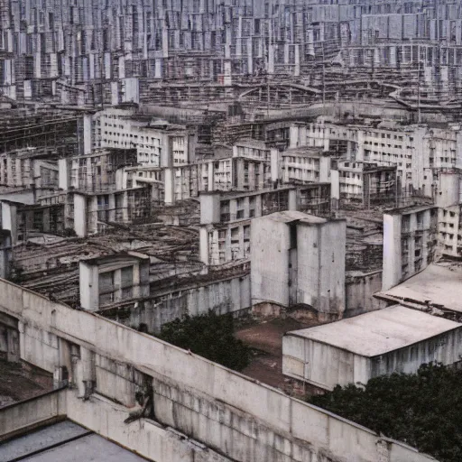 Image similar to brutalist city, prison city, totalitarian prison island, rundown buildings, military buildings, prison complex, colorized 3 5 mm photo