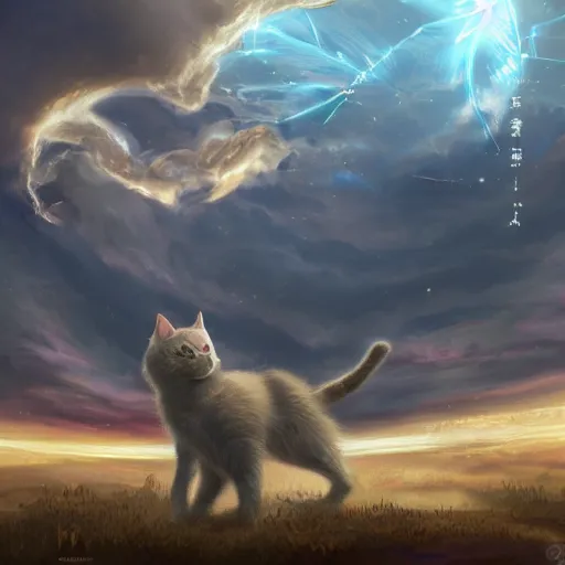 Image similar to the ancient world, hyper complexity, highly detailed, cinematic lighting, pastel colored sunrise, flying robotic cats with gold metal huge wings on its back in the cloudy sky, sharp outlines, complete whole cat body, another sleeping cat face in the clouds watching each other, hyperrealistic, trending on pixiv fanbox, love death robot,