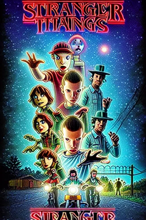 Image similar to animated version of Futurama Stranger Things poster by Matt Groening, cartoon, detailed faces, high resolution, hyper detailed, intricate, illustrated, dramatic lighting !n-9