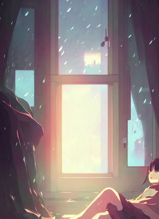 Prompt: interior background : { near the window, rainy outside }, no character, illustration concept art anime key visual trending pixiv fanbox by wlop and greg rutkowski and makoto shinkai and studio ghibli