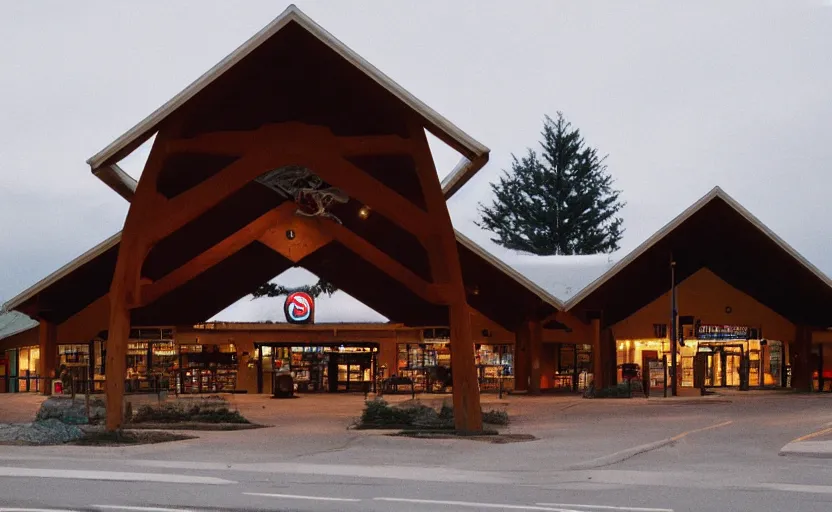 Image similar to exterior photo of the port byron travel plaza, a boring white a - frame build, depressing scene from being john malcovich film directed by charlie kaufman ( 2 0 0 1 ), moody cinematography and lighting, 2 4 mm anamorphic lens