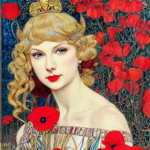 Image similar to taylor swift is a beautiful blonde young woman wearing an elaborate jeweled headdress with poppies dreamlike portrait by frank cadogan cowper, carlos schwabe, william morris, edmund dulac, and alphonse mucha, beautiful refined hyperdetailed dreamscape