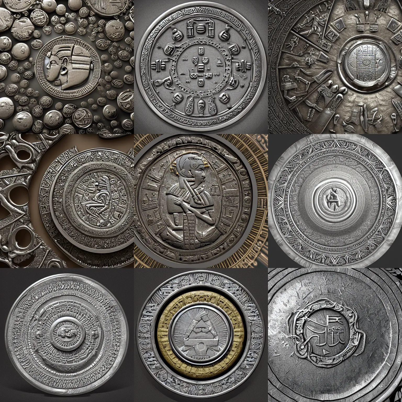 Prompt: Old silver coin with many ornaments from ancient Egypt, center of the frame, highly detailed, concept art, 4k, artstation, cgsociety, octane render.