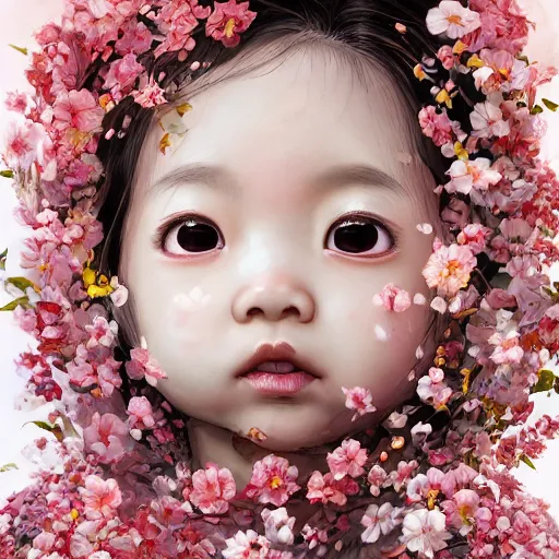 Image similar to the portrait of an absurdly cute, graceful, elegant, young japanese baby girl made of cherry flowers and petals, an ultrafine hyperdetailed illustration by kim jung gi, irakli nadar, intricate linework, bright colors, octopath traveler, unreal engine 5 highly rendered, global illumination, radiant light, detailed and intricate environment