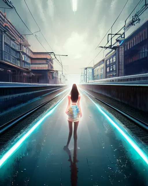 Image similar to photo of girl walking on train tracks submerged under reflective water toward a station in the distance, wide horizon, large white clouds, intricate, elegant, highly detailed, digital painting, artstation, concept art, smooth, sharp focus, illustration, art by artgerm and greg rutkowski and fra angelico