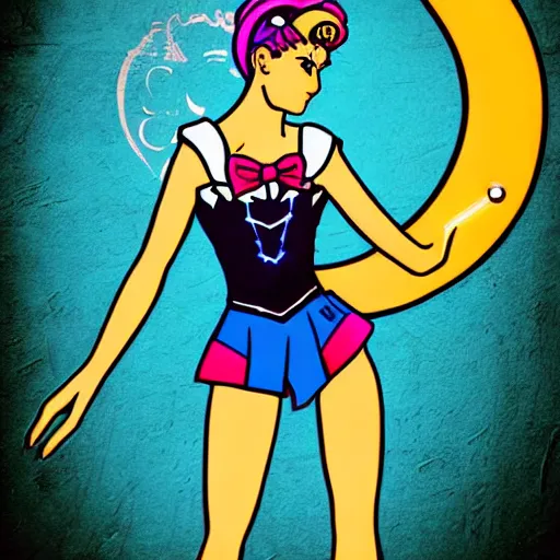 Image similar to portrait of sailor moon with arm tattoos, in the style of cyberpunk on the background of neon signs, symmetrical, single person