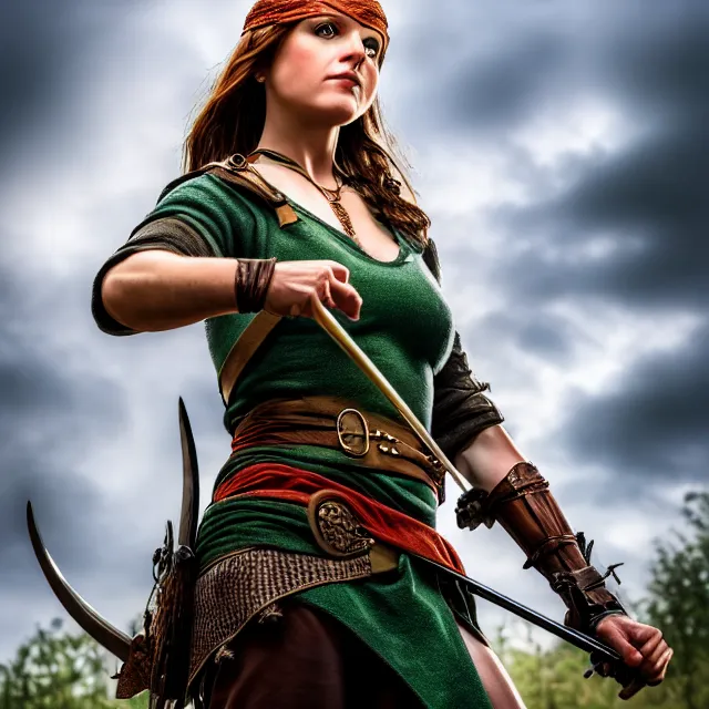 Prompt: beautiful female robin hood warrior, highly detailed, 8 k, hdr, smooth, sharp focus, high resolution, award - winning photo