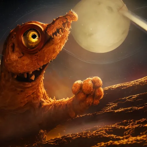 Image similar to eldritch horror bloody garfield in space, hd, 8 k, giant, epic, realistic photo, unreal engine, stars, prophecy, powerful, cinematic lighting, destroyed planet, debris, violent, sinister, ray tracing, dynamic, epic composition, dark, horrific, teeth, grotesque, monochrome drawing, hellscape