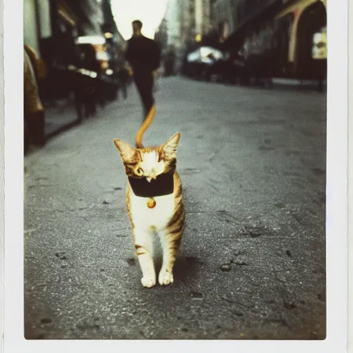 Image similar to wide-shot very low-angle eyesight photo of stray cat and a banana peel at the street in New York, polaroid photo, by Andy Warhol, signed