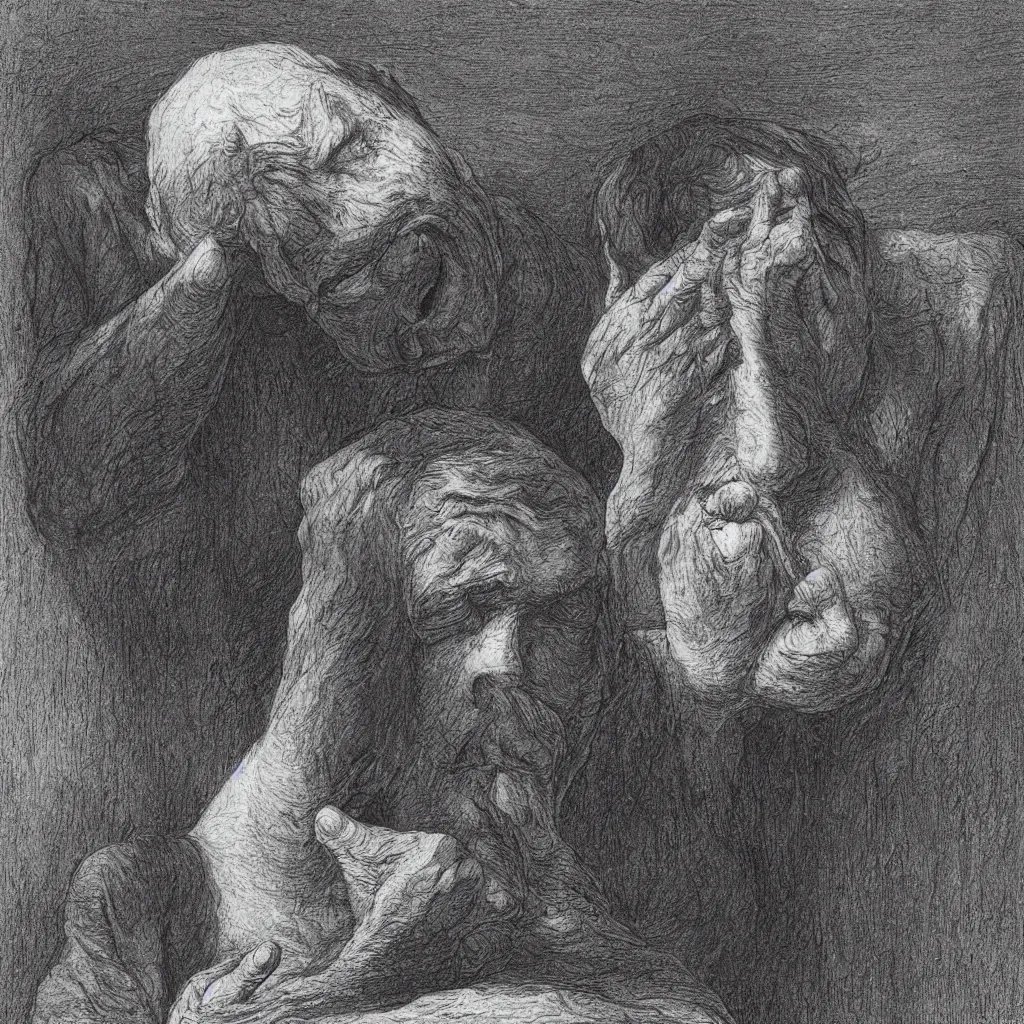 Image similar to a crying man, gustav dore