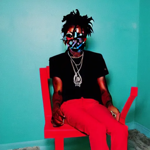 Image similar to playboi carti sitting in a chair in a completely red room