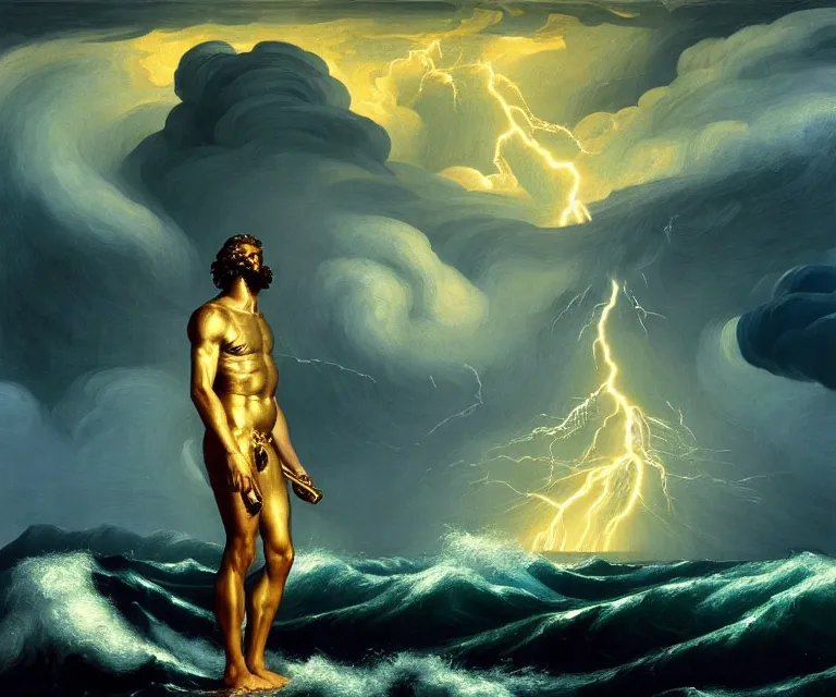 Image similar to hyper detailed 3d render like a Oil painting - greek god poseiden standing tall on the shore of a roiling stormy ocean, golden trident raised overhead, lightning storm in background, anger + wrath, by Jacek Yerka, Mariusz Lewandowski, Houdini algorithmic generative render, Abstract brush strokes, Masterpiece, Edward Hopper and James Gilleard, Zdzislaw Beksinski, Mark Ryden, Wolfgang Lettl, hints of Yayoi Kasuma, octane render, 8k