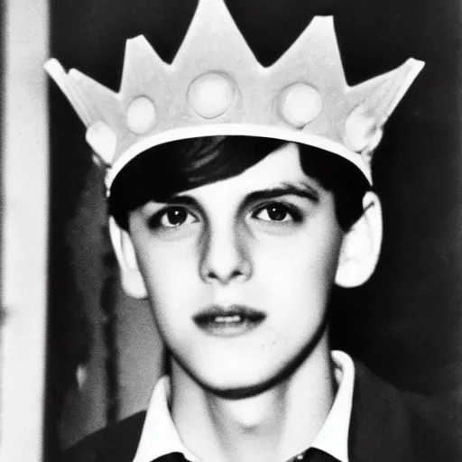 Image similar to a yearbook photo of Jughead Jones in 1966, he is wearing a paper crown