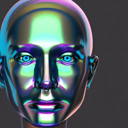 Image similar to 3d render of holographic human robotic head made of glossy iridescent, surrealistic 3d illustration of a human face non-binary, non binary model, 3d model human, cryengine, made of holographic texture, holographic material, holographic rainbow, concept of cyborg and artificial intelligence