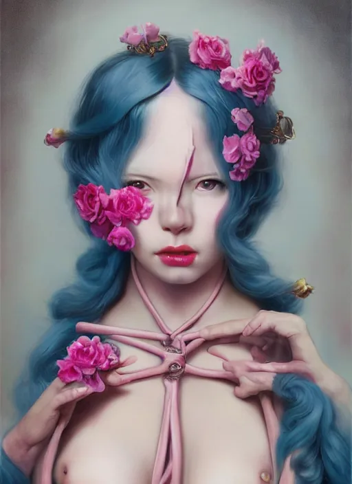 Image similar to pop surrealism, lowbrow art, realistic seductive cute woman profile figure painting, pink body harness, japanese shibari with blue flowers, hyper realism, muted colours, rococo, natalie shau, loreta lux, tom bagshaw, mark ryden, trevor brown style,
